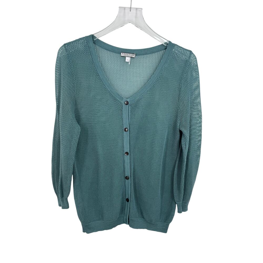 Peruvian Connection cardigan pima cotton M open knit mesh V neck button teal